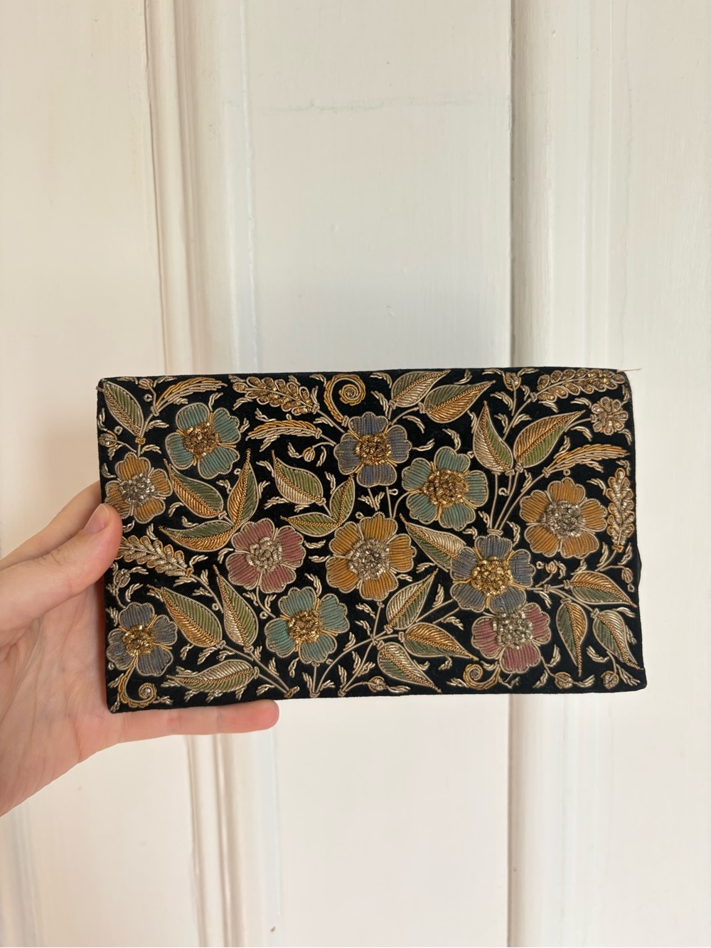 Vintage Embroidered Floral Black Velvet Clutch with Multicolor Accents
